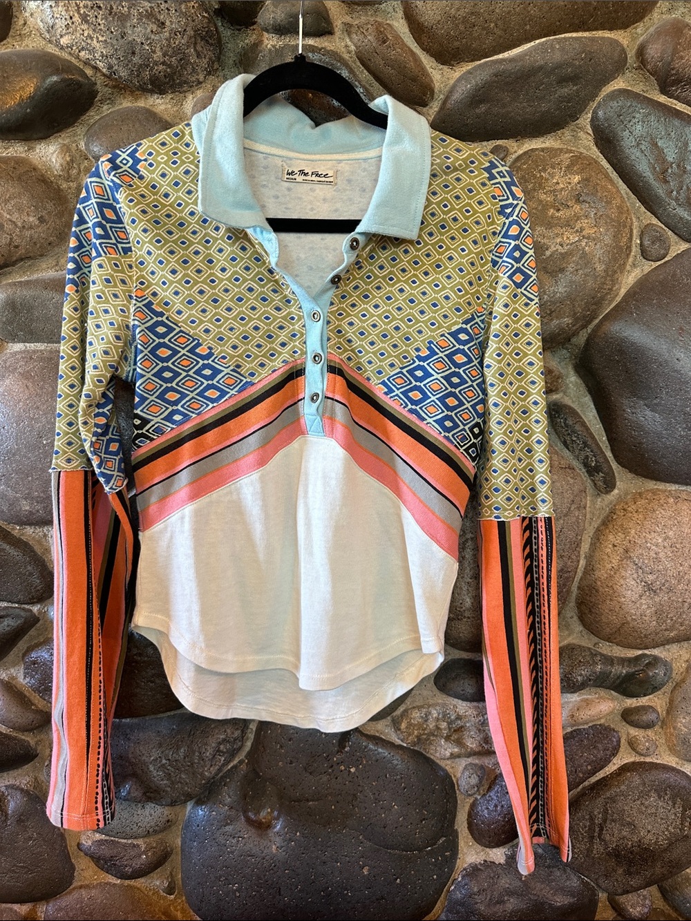 We The Free Mixed-Print Long Sleeve Polo in Coral, Blue, Cream, Tan